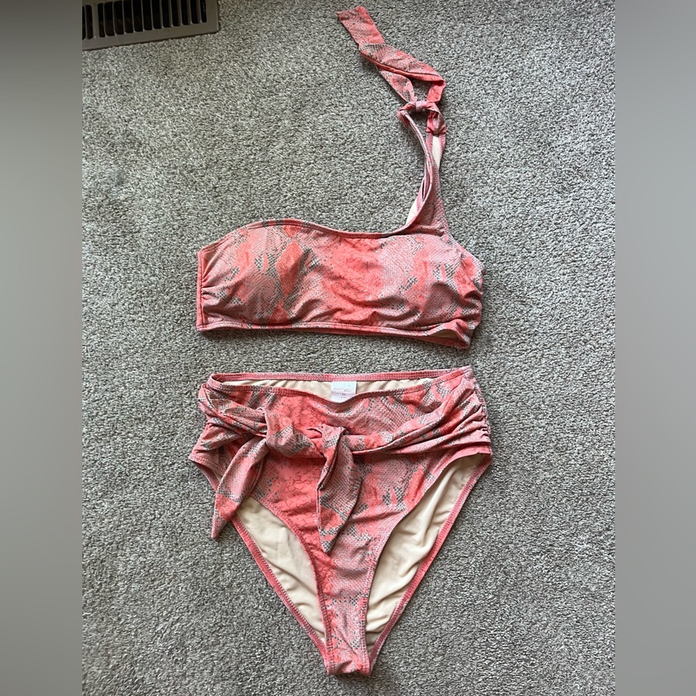 One Shoulder Pink Snake-print Bikini